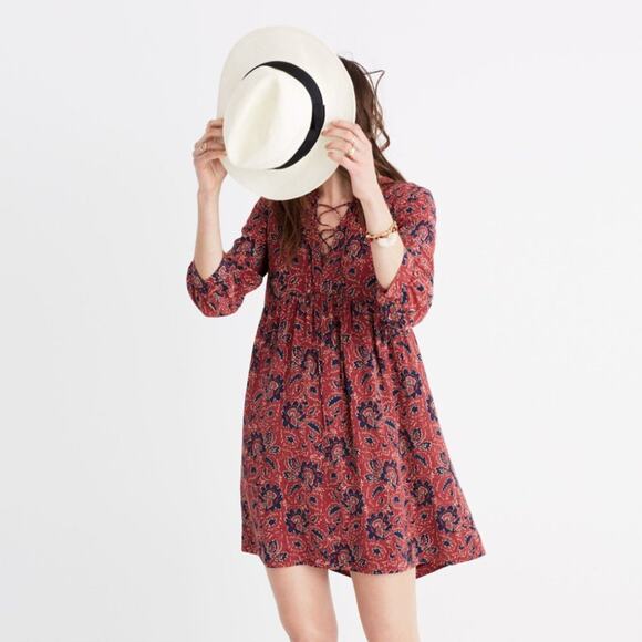 Madewell Silk Lace-Up Dress in Red Assam Floral - Picture 1 of 8